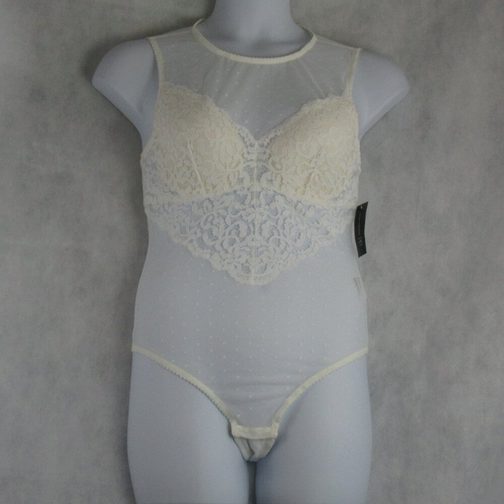 INC Women's Cupped Sheer Lace Swiss Dot Thong Bodysuit, Washed White